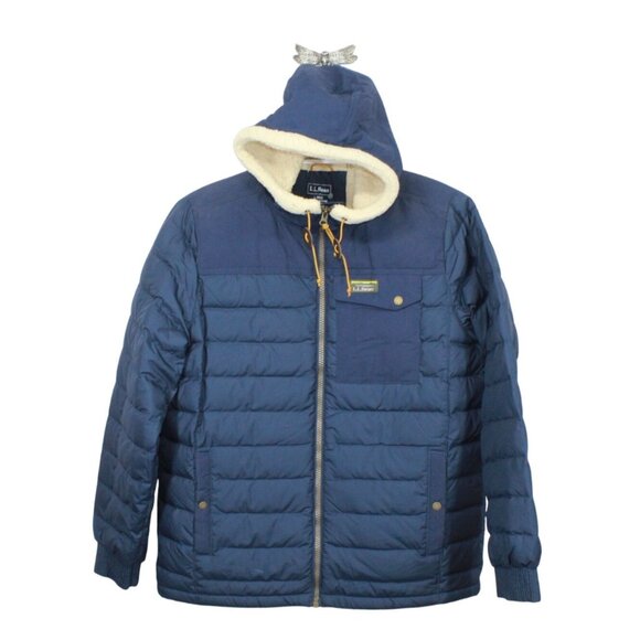 LL Bean Mountain Classic Down Hooded Jacket Sherpa Lined Navy Size L - Picture 1 of 10